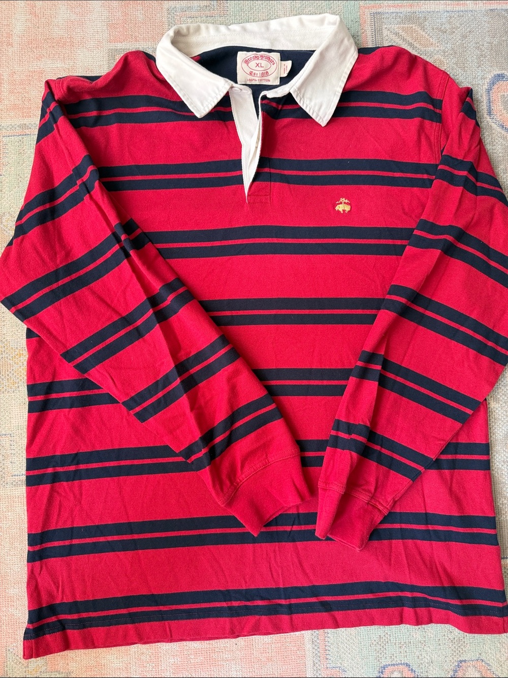 Vintage Brooks Brothers Red and Navy Striped Rugby Polo with White Collar